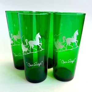 Set Of 4 Vintage Anchor Hocking “Open Sleigh” Green Highball Glasses